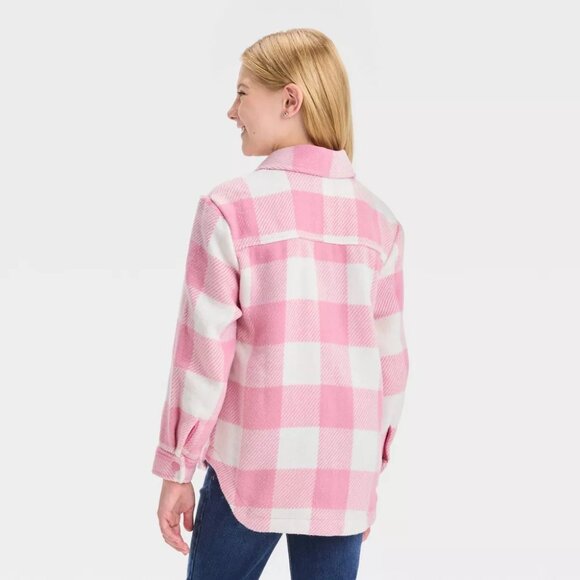 Cat & Jack - Girls' Plaid Button-Front Long Sleeve Shacket - Dusty Pink Plaid - Picture 2 of 14